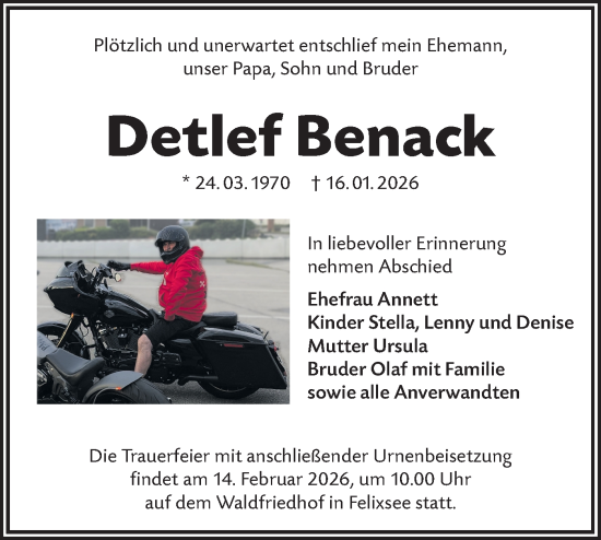 Traueranzeige von Detlef Benack von Ausg. LR Spreewald RS