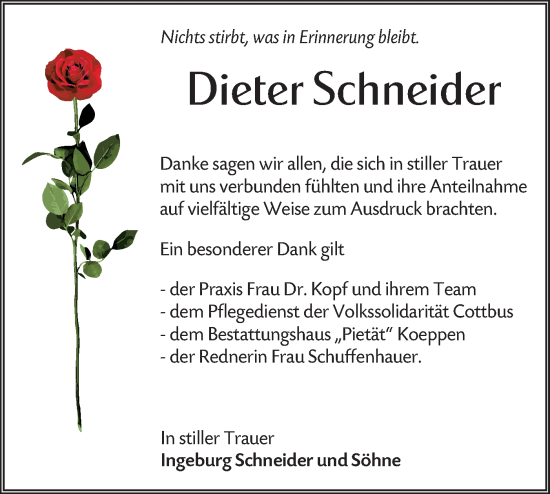 Traueranzeige von Dieter Schneider von Lausitzer Rundschau