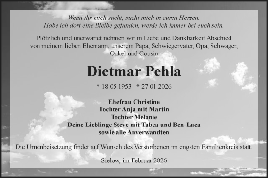 Traueranzeige von Dietmar Pehla von Lausitzer Rundschau