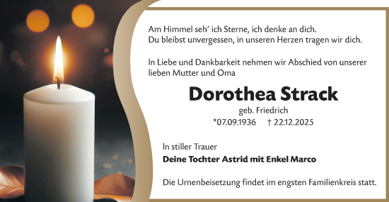 Traueranzeige von Dorothea Strack von Ausg. LR Spreewald RS