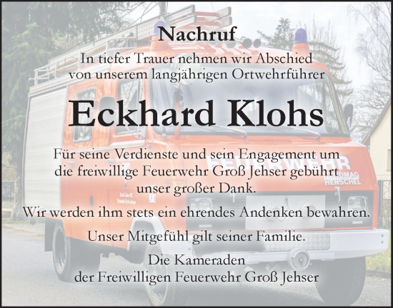 Traueranzeige von Eckhard Klohs von Lausitzer Rundschau