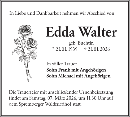 Traueranzeige von Edda Walter von Lausitzer Rundschau
