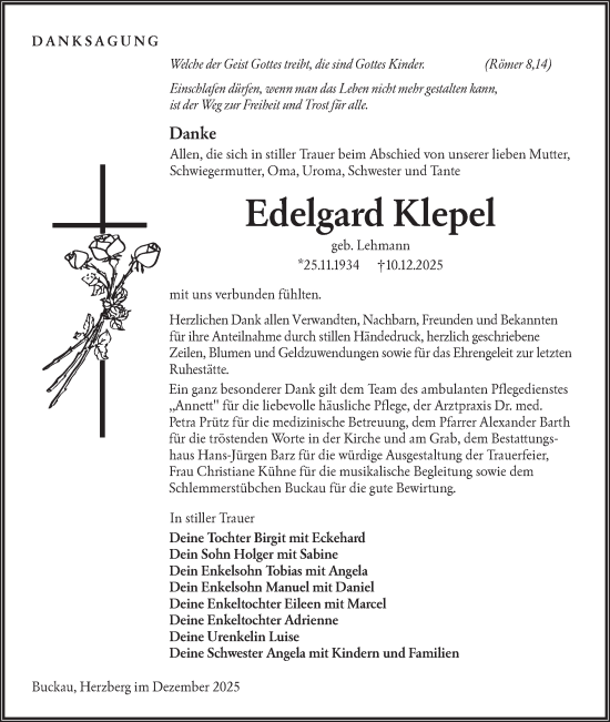 Traueranzeige von Edelgard Klepel von Lausitzer Rundschau