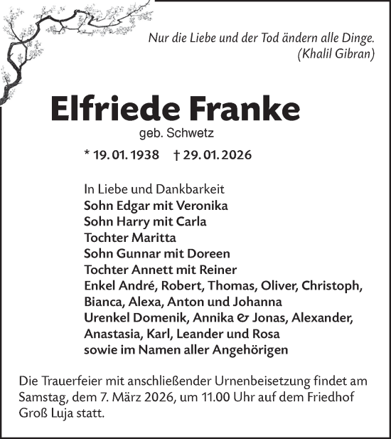 Traueranzeige von Elfriede Franke von Lausitzer Rundschau