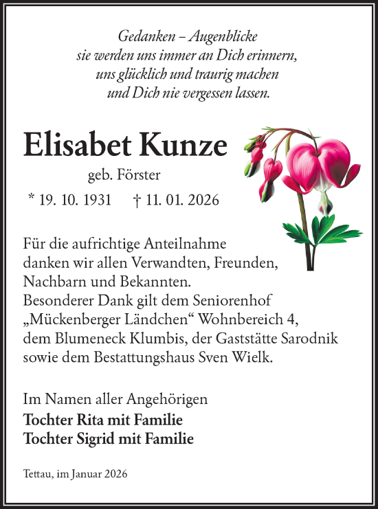 Traueranzeige von Elisabet Kunze von Lausitzer Rundschau