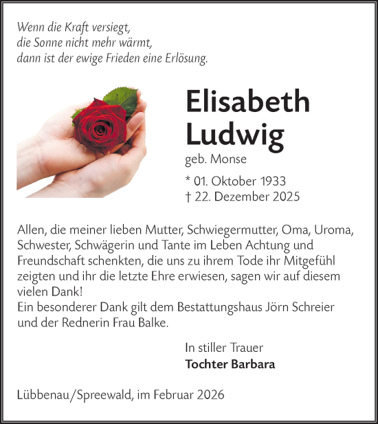Traueranzeige von Elisabeth Ludwig von Ausg. LR Spreewald RS
