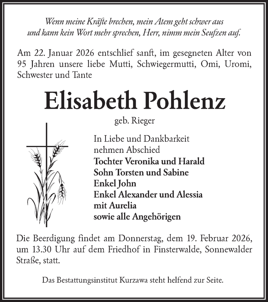  Traueranzeige für Elisabeth Pohlenz vom 07.02.2026 aus Lausitzer Rundschau