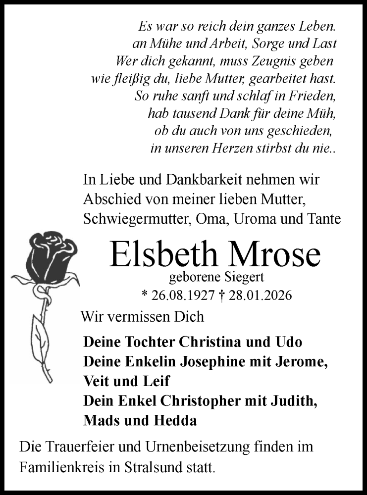  Traueranzeige für Elsbeth Mrose vom 07.02.2026 aus Ausg. LR Spreewald RS