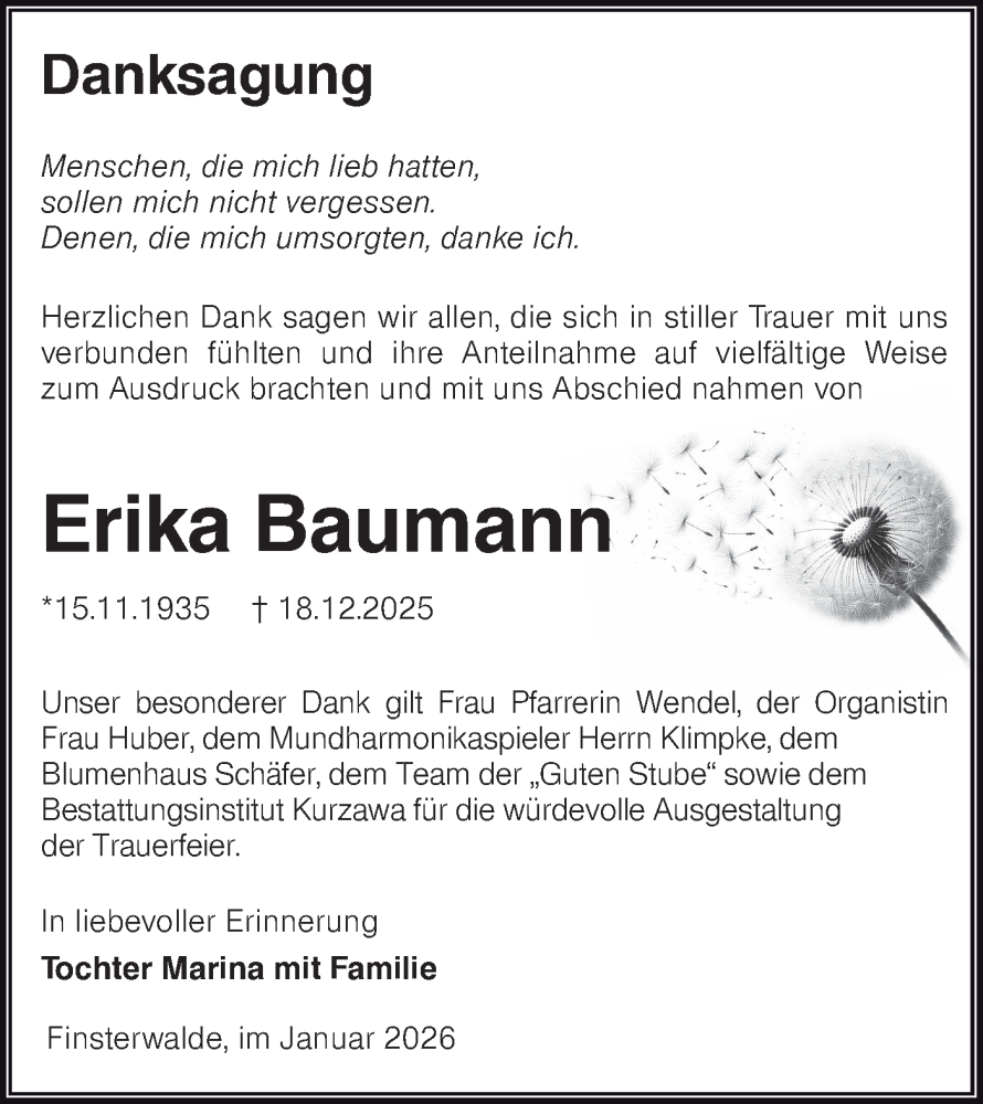  Traueranzeige für Erika Baumann vom 07.02.2026 aus Lausitzer Rundschau