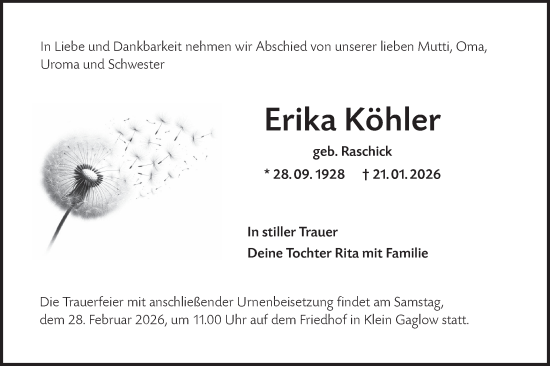 Traueranzeige von Erika Köhler von Lausitzer Rundschau