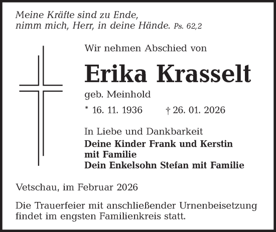 Traueranzeige von Erika Krasselt von Ausg. LR Spreewald RS