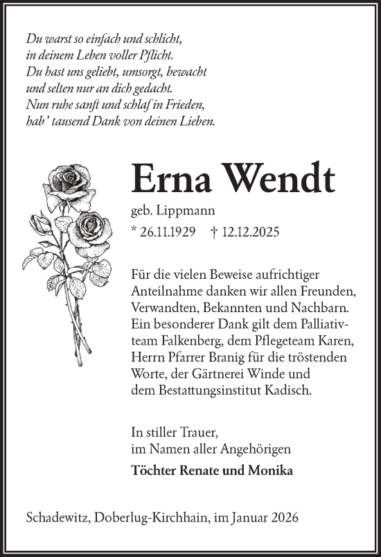 Traueranzeige von Erna Wendt von Lausitzer Rundschau