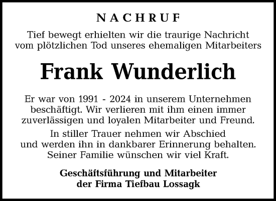 Traueranzeige von Frank Wunderlich von Ausg. LR Spreewald RS