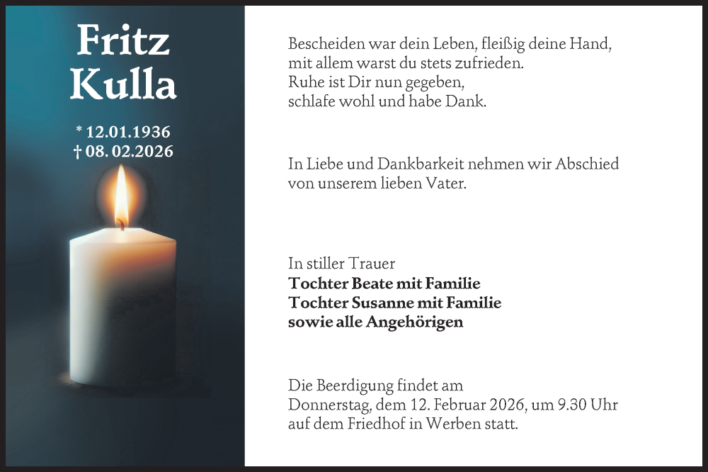  Traueranzeige für Fritz Kulla vom 11.02.2026 aus Lausitzer Rundschau