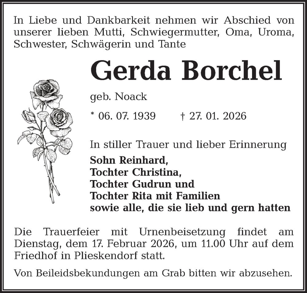  Traueranzeige für Gerda Borchel vom 07.02.2026 aus Ausg. LR Spreewald RS