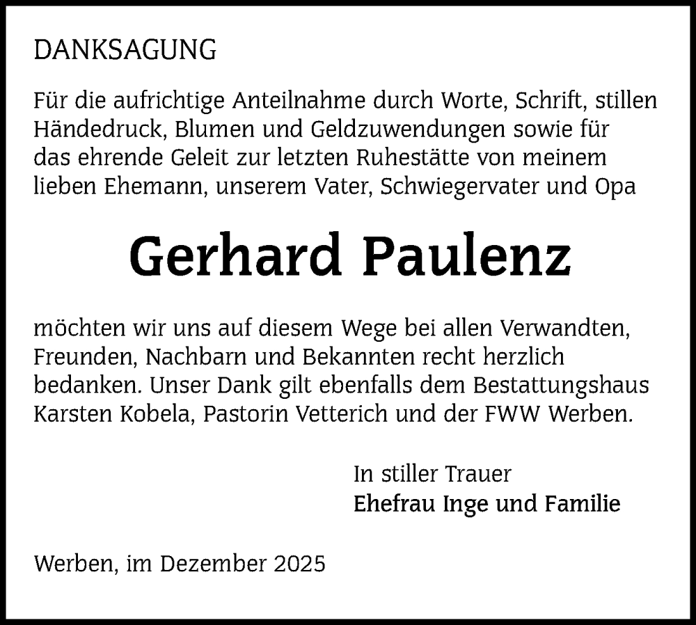  Traueranzeige für Gerhard Paulenz vom 07.02.2026 aus Lausitzer Rundschau