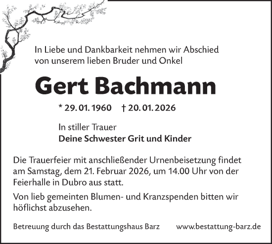 Traueranzeige von Gert Bachmann von Lausitzer Rundschau