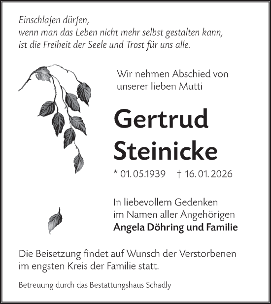 Traueranzeige von Gertrud Steinicke von Ausg. LR Spreewald RS