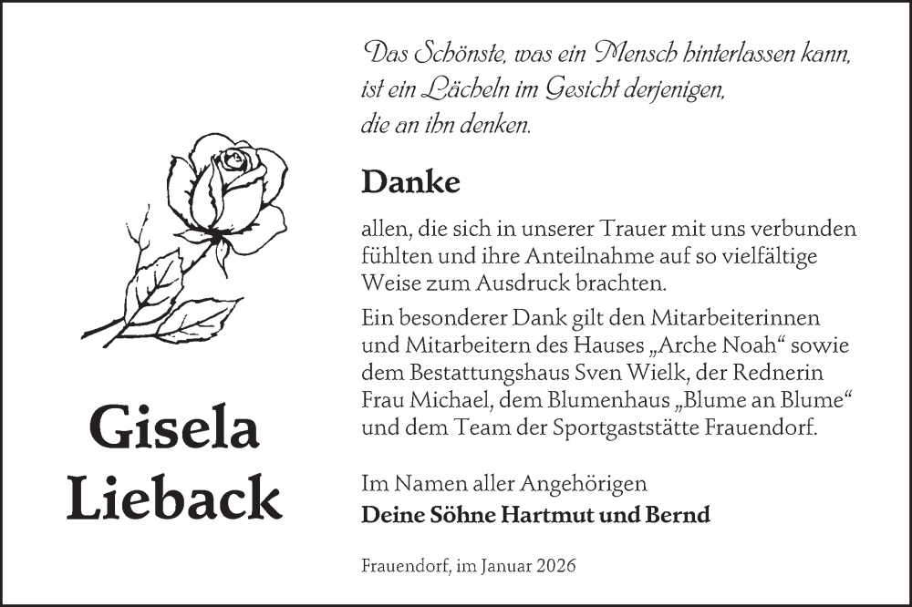  Traueranzeige für Gisela Lieback vom 07.02.2026 aus Lausitzer Rundschau