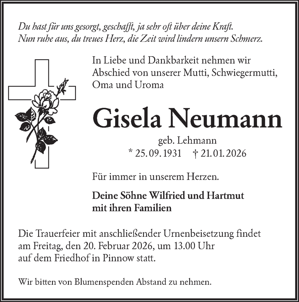  Traueranzeige für Gisela Neumann vom 07.02.2026 aus Lausitzer Rundschau