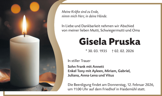 Traueranzeige von Gisela Pruska von Lausitzer Rundschau