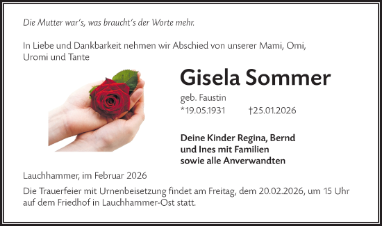 Traueranzeige von Gisela Sommer von Lausitzer Rundschau