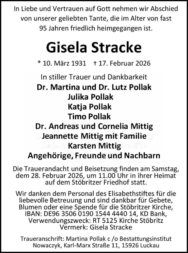  Traueranzeige für Gisela Stracke vom 21.02.2026 aus Ausg. LR Spreewald RS