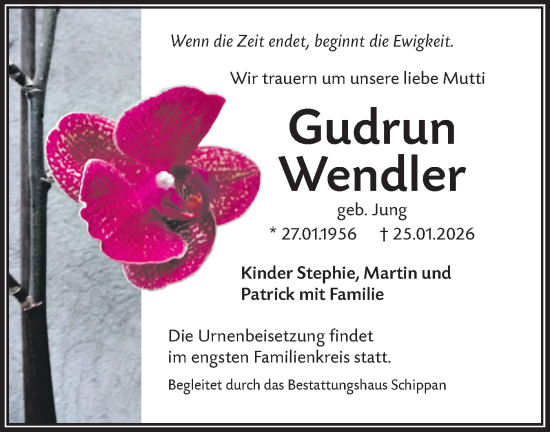 Traueranzeige von Gudrun Wendler von Lausitzer Rundschau