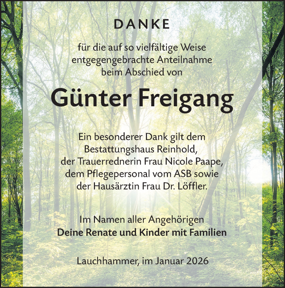  Traueranzeige für Günter Freigang vom 07.02.2026 aus Lausitzer Rundschau