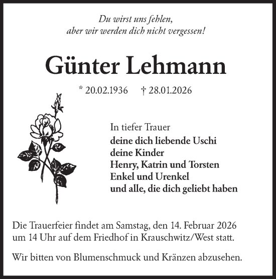 Traueranzeige von Günter Lehmann von Lausitzer Rundschau