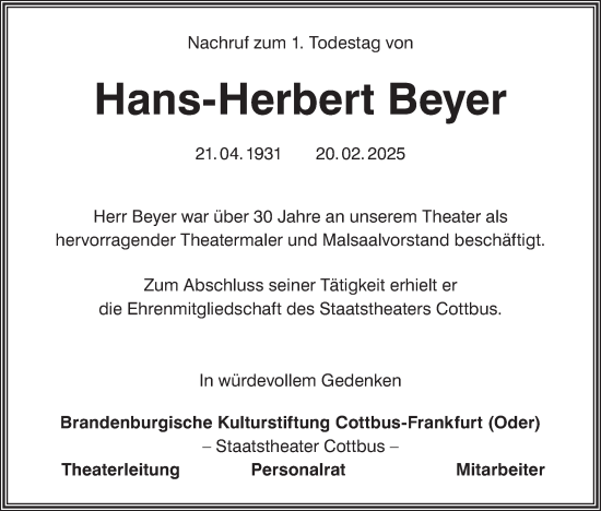 Traueranzeige von Hans-Herbert Beyer von Lausitzer Rundschau
