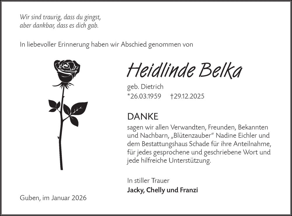  Traueranzeige für Heidlinde Belka vom 11.02.2026 aus Lausitzer Rundschau