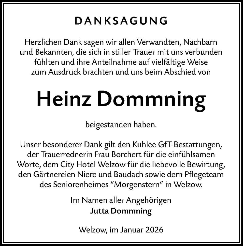  Traueranzeige für Heinz Dommning vom 07.02.2026 aus Lausitzer Rundschau