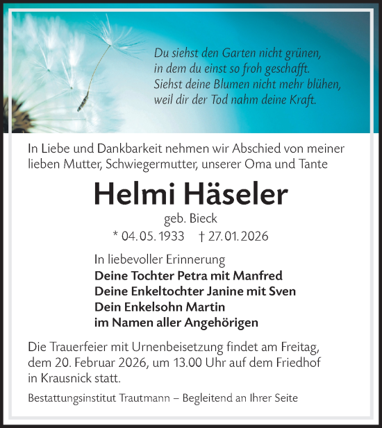 Traueranzeige von Helmi Häseler von Ausg. LR Spreewald RS