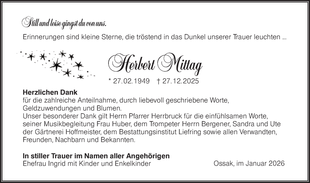  Traueranzeige für Herbert Mittag vom 07.02.2026 aus Lausitzer Rundschau