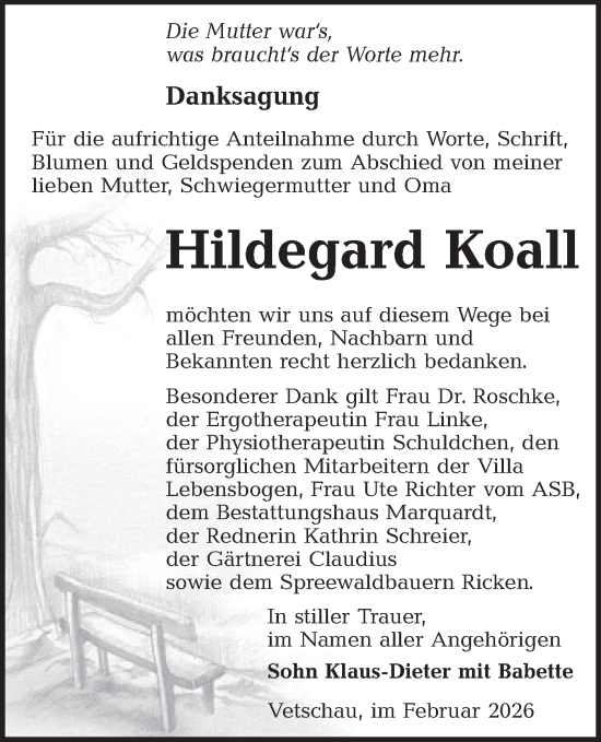 Traueranzeige von Hildegard Koall von Ausg. LR Spreewald RS