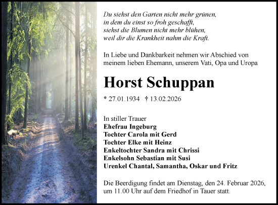 Traueranzeige von Horst Schuppan von Lausitzer Rundschau