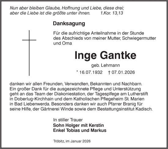 Traueranzeige von Inge Gantke von Lausitzer Rundschau