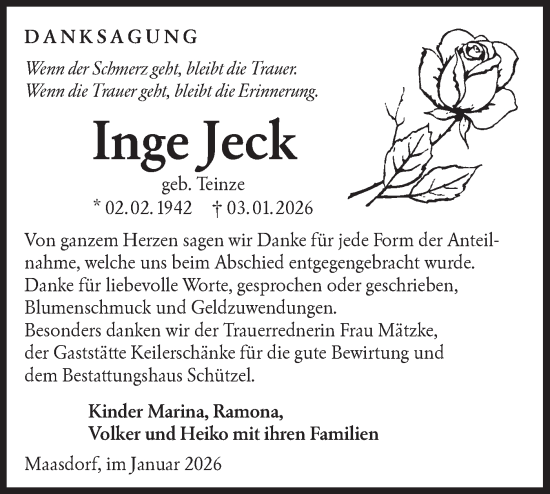 Traueranzeige von Inge Jeck von Lausitzer Rundschau