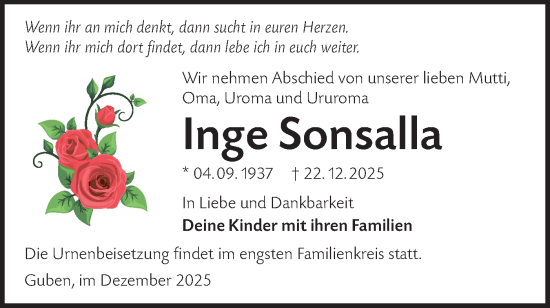 Traueranzeige von Inge Sonsalla von Lausitzer Rundschau