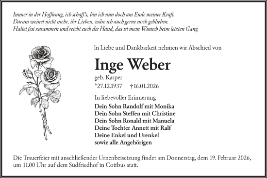 Traueranzeige von Inge Weber von Lausitzer Rundschau