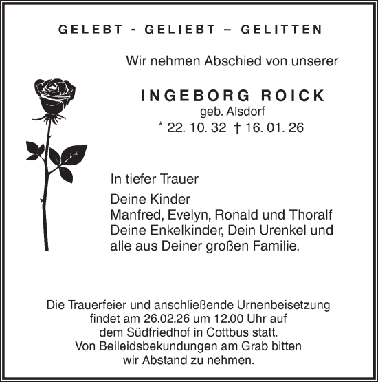 Traueranzeige von Ingeborg Roick von Lausitzer Rundschau