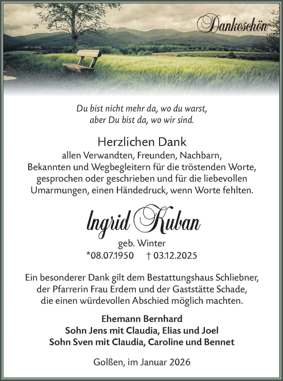 Traueranzeige von Ingrid Kuban von Ausg. LR Spreewald RS