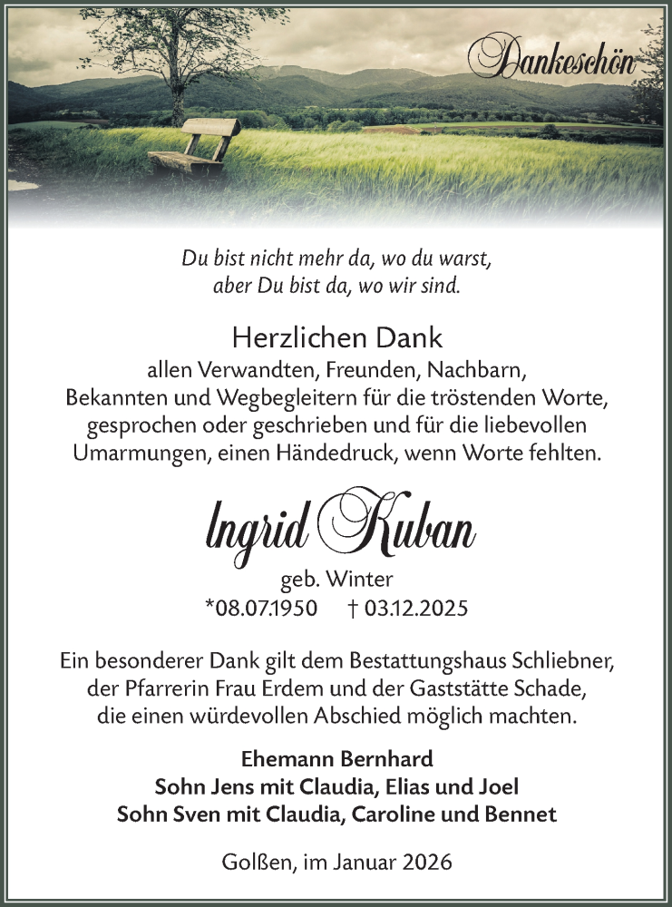  Traueranzeige für Ingrid Kuban vom 07.02.2026 aus Ausg. LR Spreewald RS