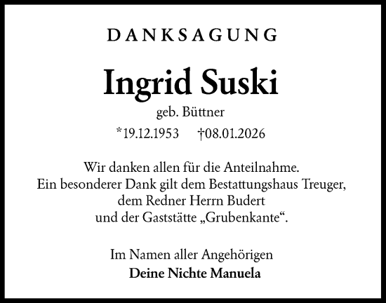 Traueranzeige von Ingrid Suski von Lausitzer Rundschau