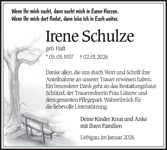Traueranzeige von Irene Schulze von Lausitzer Rundschau