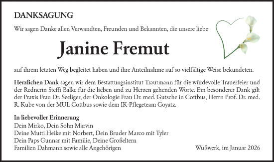 Traueranzeige von Janine Fremut von Ausg. LR Spreewald RS