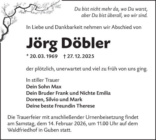 Traueranzeige von Jörg Döbler von Lausitzer Rundschau