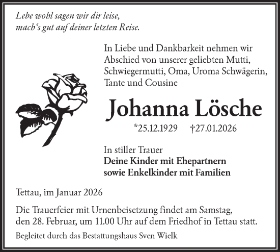 Traueranzeige von Johanna Lösche von Lausitzer Rundschau