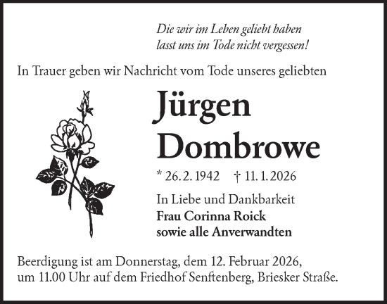 Traueranzeige von Jürgen Dombrowe von Lausitzer Rundschau